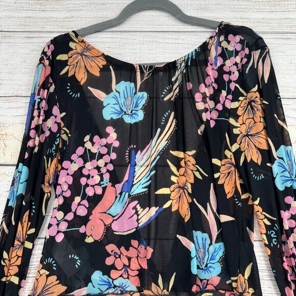 Free People Floral Semi Sheer Scoop Neck Blouse Womens Small Black Blue Pink - Picture 4 of 13